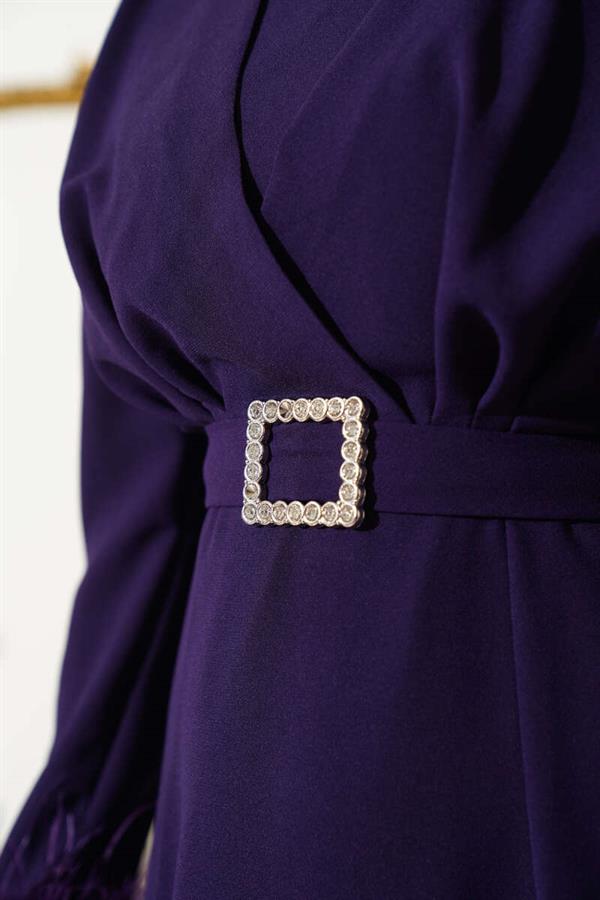 Belted Dress with Feathered Sleeves Violet