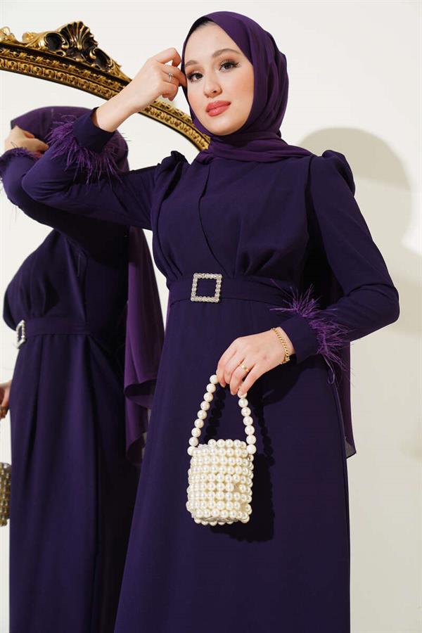 Belted Dress with Feathered Sleeves Violet