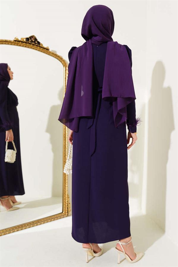 Belted Dress with Feathered Sleeves Violet