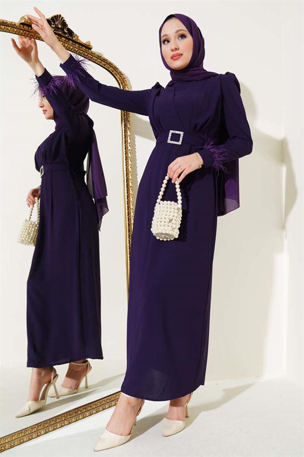 Belted Dress with Feathered Sleeves Violet