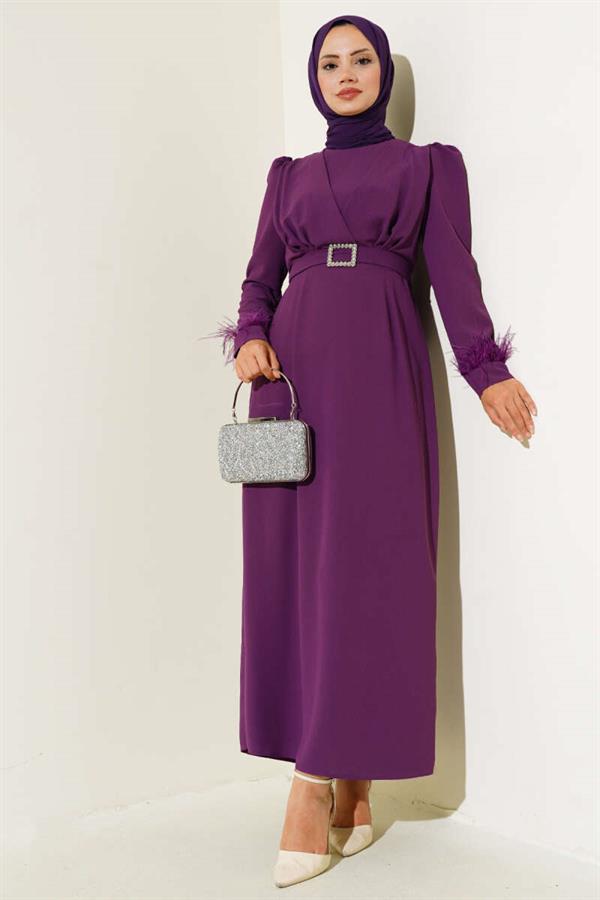 Belted Dress with Feathered Sleeves Purple