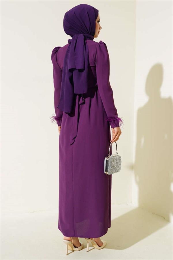 Belted Dress with Feathered Sleeves Purple