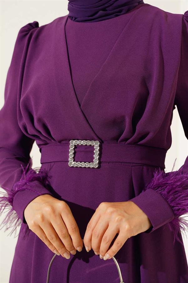 Belted Dress with Feathered Sleeves Purple