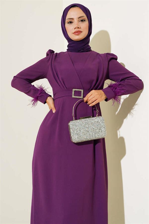 Belted Dress with Feathered Sleeves Purple