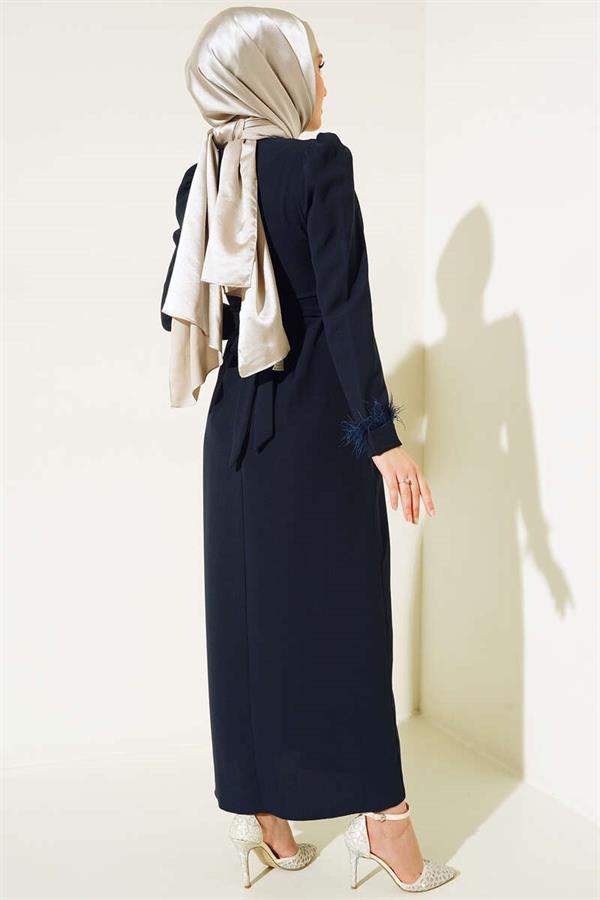Belted Dress with Feathered Sleeves Parliament