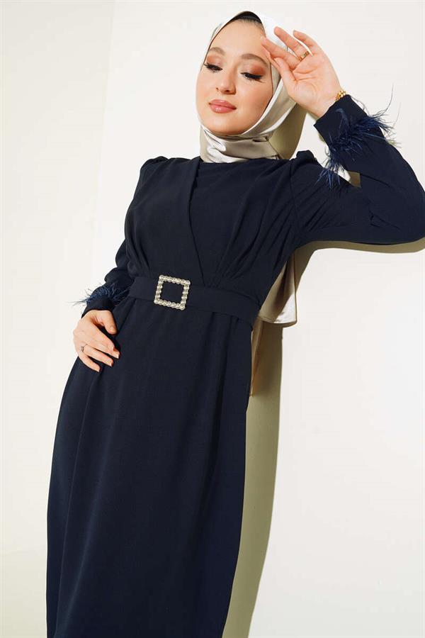 Belted Dress with Feathered Sleeves Parliament