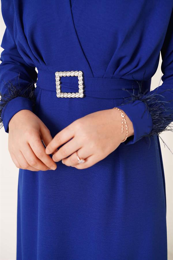 Belted Dress with Feathered Sleeves in Saxe