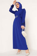 Belted Dress with Feathered Sleeves in Saxe