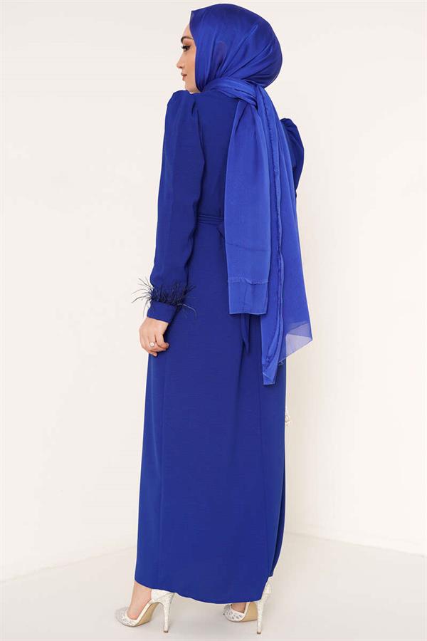 Belted Dress with Feathered Sleeves in Saxe