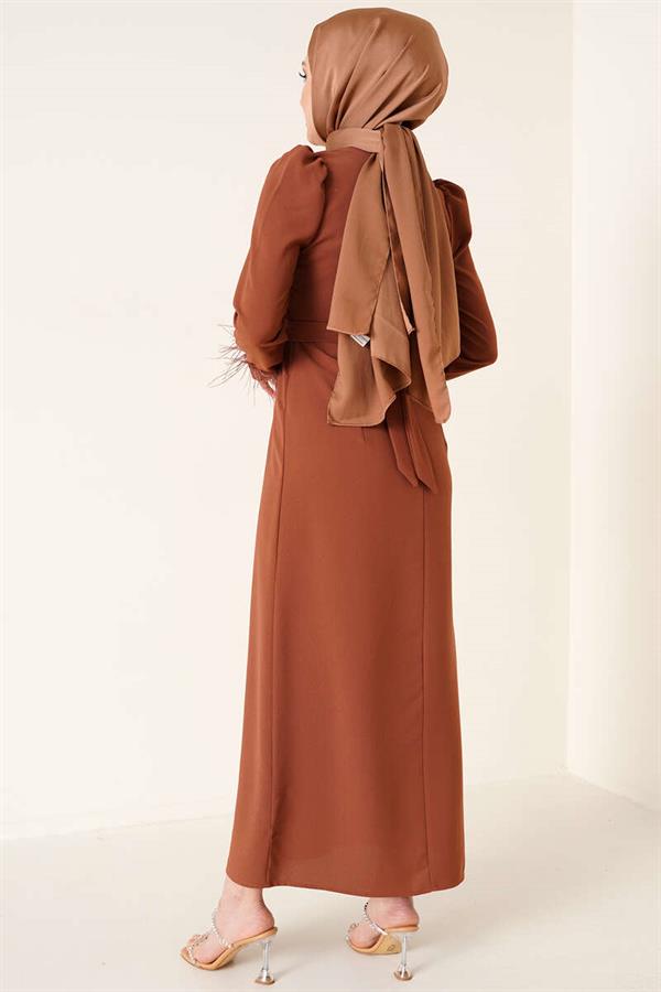 Belted Dress with Feathered Sleeves, Tan
