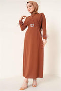 Belted Dress with Feathered Sleeves, Tan