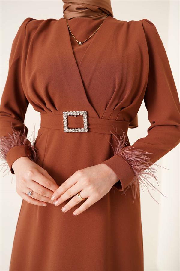 Belted Dress with Feathered Sleeves, Tan