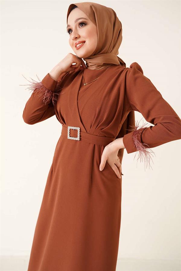 Belted Dress with Feathered Sleeves, Tan