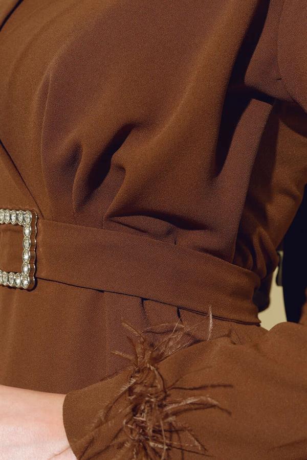 Belted Dress with Feathered Sleeves Cinnamon