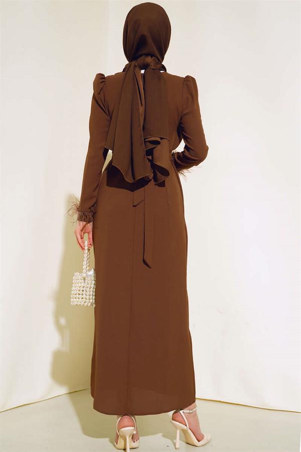 Belted Dress with Feathered Sleeves Cinnamon