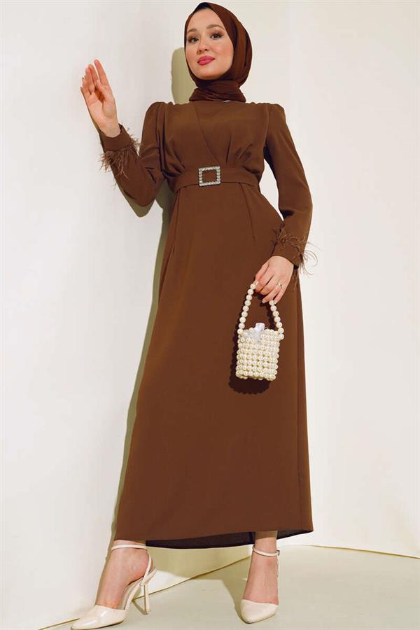 Belted Dress with Feathered Sleeves Cinnamon