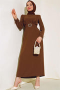 Belted Dress with Feathered Sleeves Cinnamon