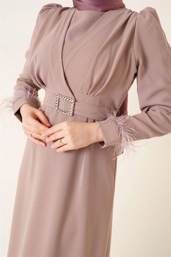 Mink Dress with Feathered Sleeves and Belt