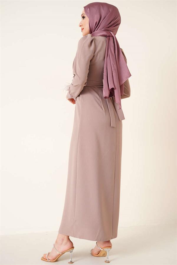 Mink Dress with Feathered Sleeves and Belt