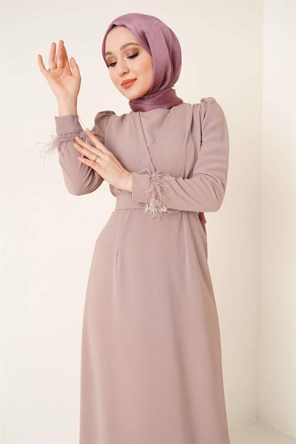 Mink Dress with Feathered Sleeves and Belt