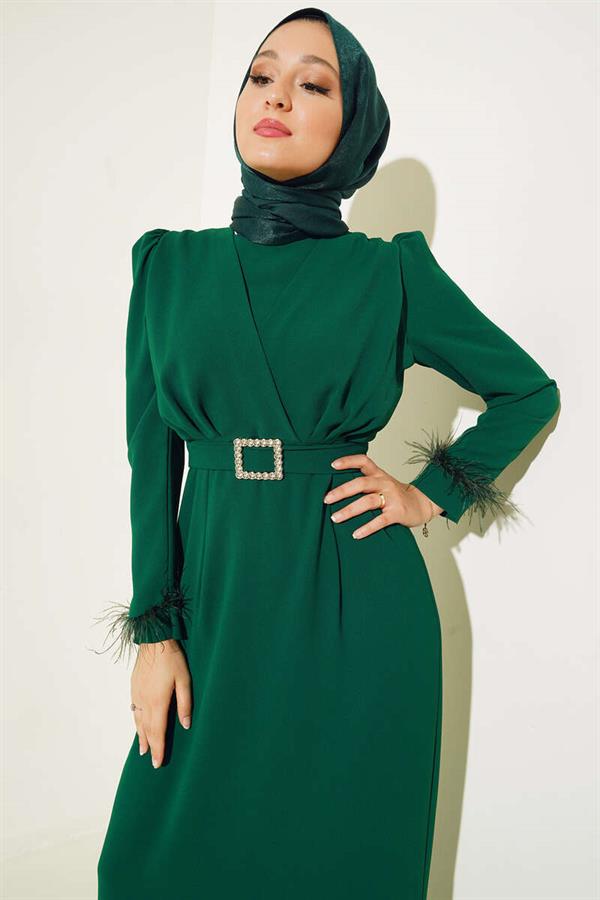 Belted Dress with Feathered Sleeves Green