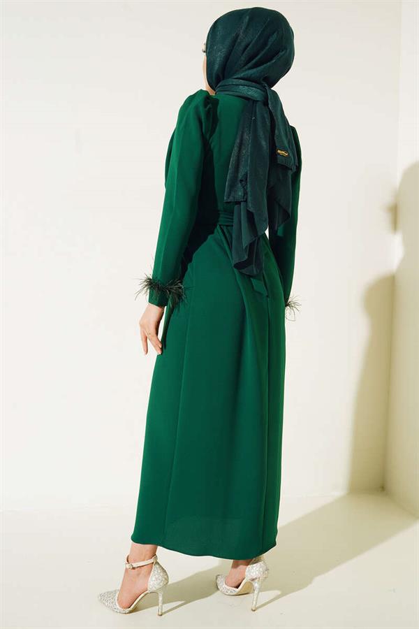 Belted Dress with Feathered Sleeves Green
