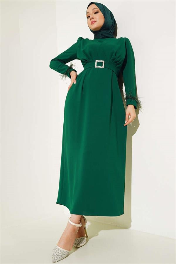 Belted Dress with Feathered Sleeves Green