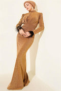 Gold Evening Dress with Feathered Sleeves and Glitter