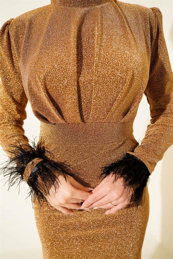 Gold Evening Dress with Feathered Sleeves and Glitter