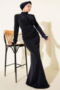 Glittery Evening Dress with Feathered Sleeves, Navy Blue