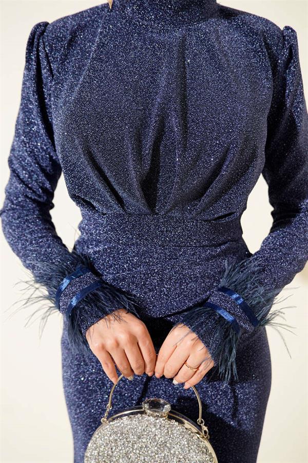 Glittery Evening Dress with Feathered Sleeves, Blue