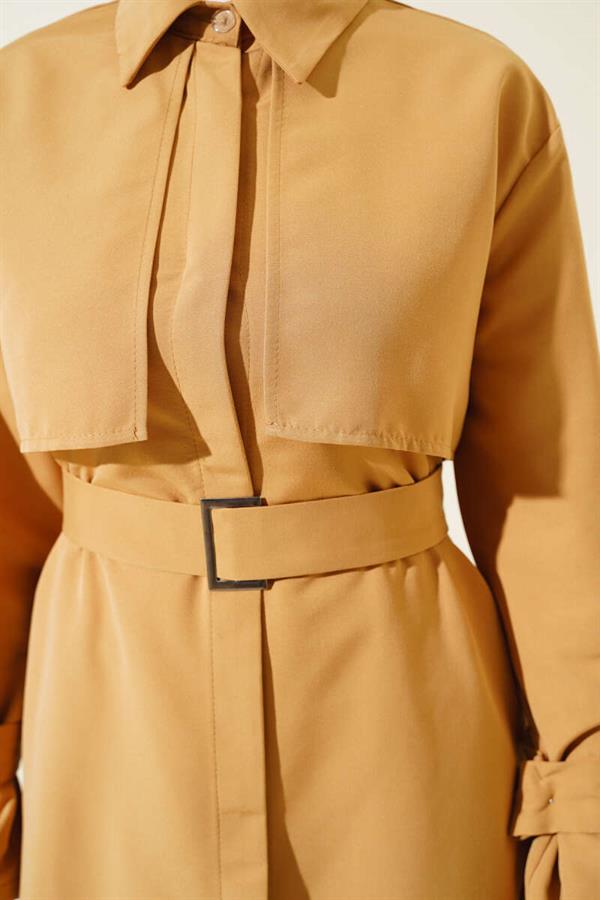 Long Trench Coat with Sleeve and Waist Belt Camel