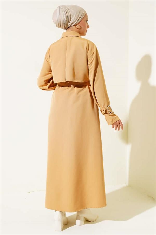 Long Trench Coat with Sleeve and Waist Belt Camel