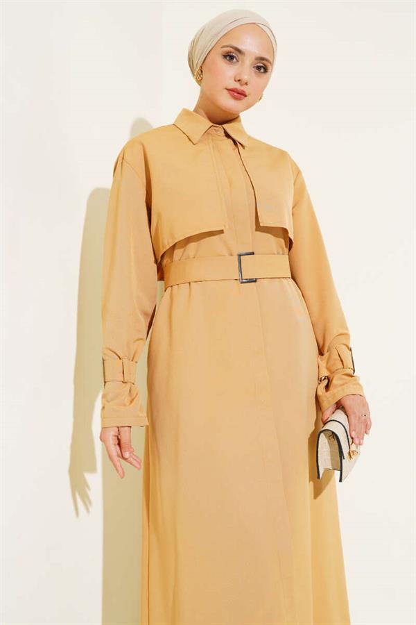 Long Trench Coat with Sleeve and Waist Belt Camel