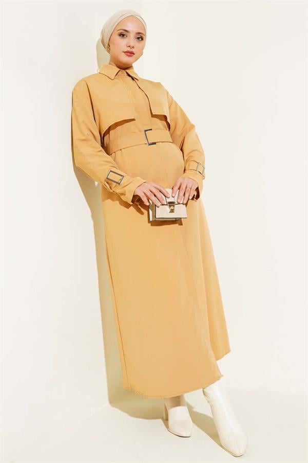 Long Trench Coat with Sleeve and Waist Belt Camel