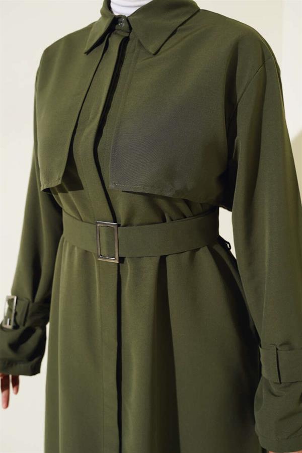 Long Trench Coat with Sleeve and Waist Belt Khaki