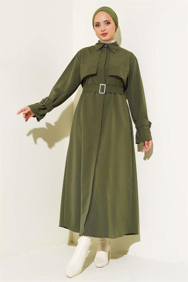 Long Trench Coat with Sleeve and Waist Belt Khaki
