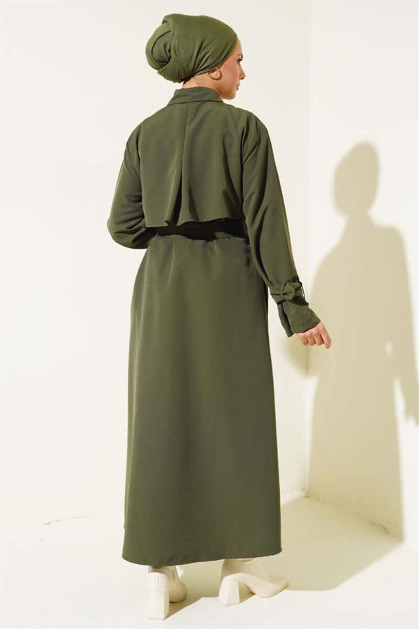 Long Trench Coat with Sleeve and Waist Belt Khaki