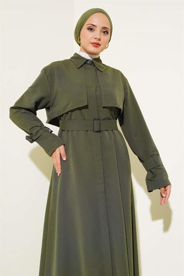 Long Trench Coat with Sleeve and Waist Belt Khaki