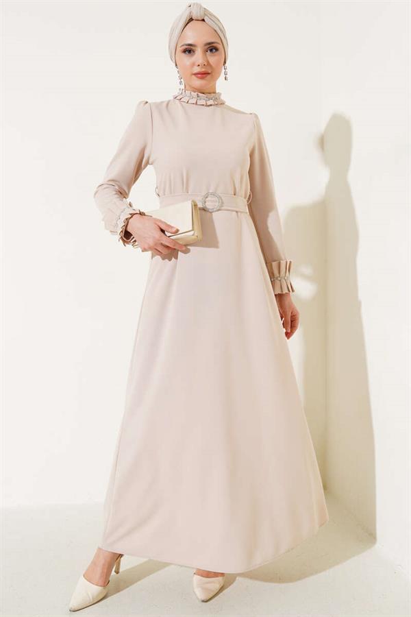 Pleated Sleeve and Collar Stoned Dress Beige