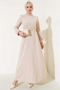Pleated Sleeve and Collar Stoned Dress Beige