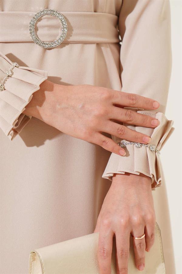 Pleated Sleeve and Collar Stoned Dress Beige