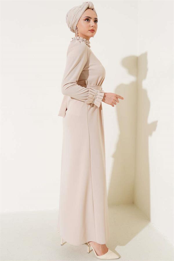 Pleated Sleeve and Collar Stoned Dress Beige