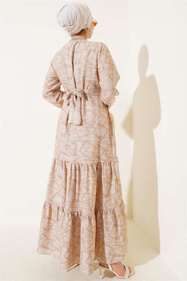 Sleeve and Collar Ribbed Patterned Dress Beige