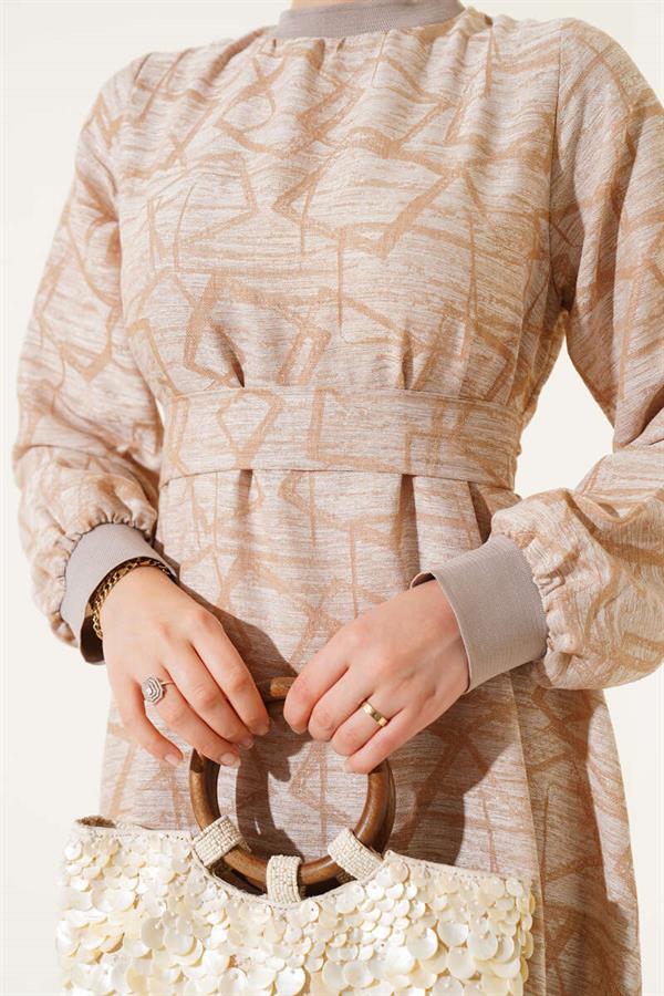 Sleeve and Collar Ribbed Patterned Dress Beige