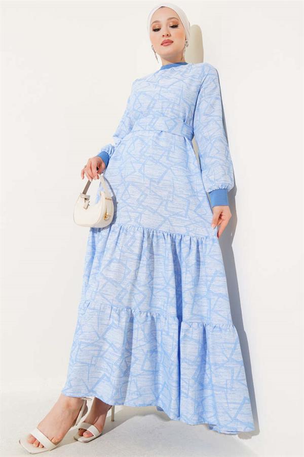 Sleeve and Collar Ribbed Patterned Dress Blue