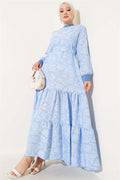 Sleeve and Collar Ribbed Patterned Dress Blue