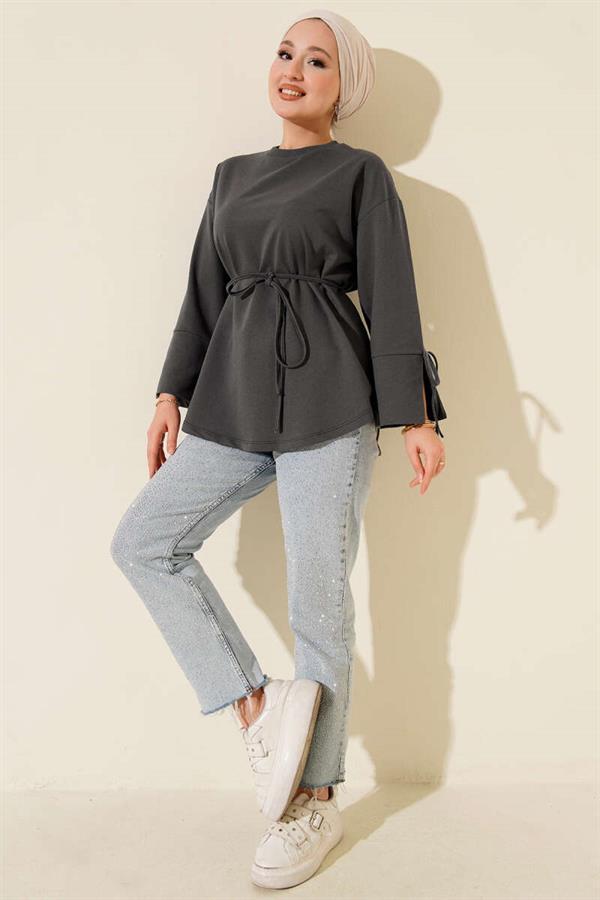 Two-String Tunic with Laced Sleeves, Smoke