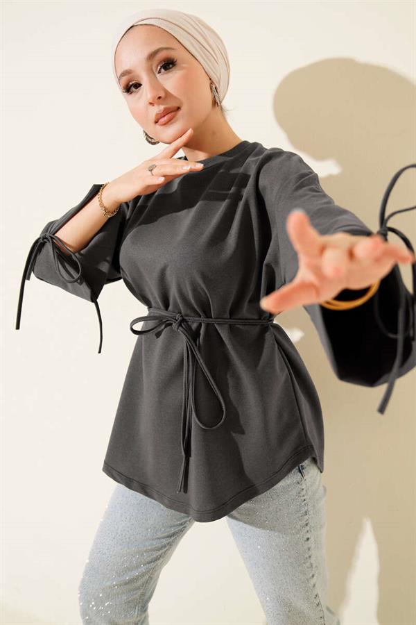 Two-String Tunic with Laced Sleeves, Smoke
