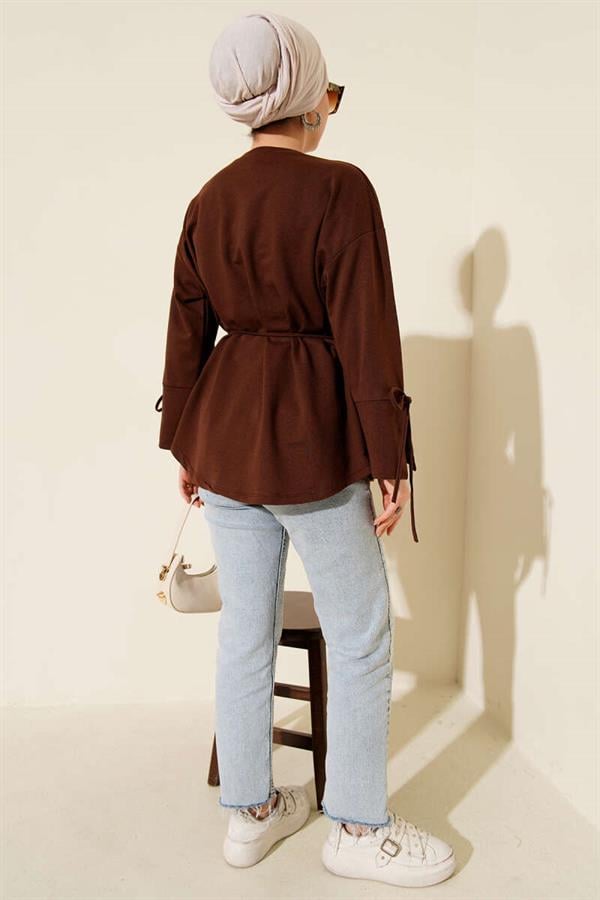 Two-String Tunic with Laced Sleeves, Brown